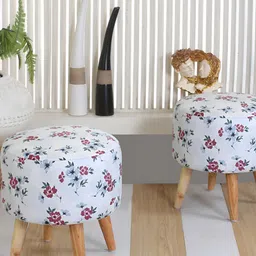 Shadowkart White & Brown Floral Printed Wooden & Velvet Round Ottoman-53