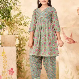 BAESD Girls Floral Printed Empire Pure Cotton A-Line Kurta With Salwar-image-9