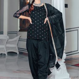 Thread & Button Women Black Mirror Work Silk Georgette Kurti with Salwar & With Dupatta-16