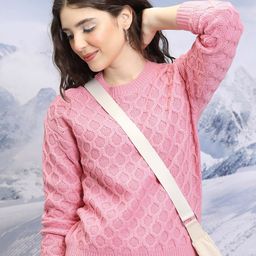 Tokyo Talkies Pink Cable Knit Self Design Acrylic Pullover Sweater-image-67