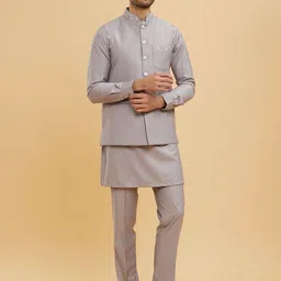 Twamev Mandarin Collar Straight Kurta With Trouser & Thread Work Nehru Jacket-image-50