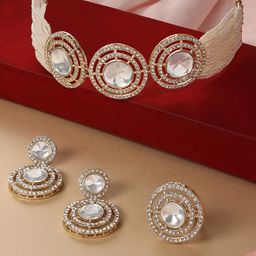 Zaveri Pearls Gold-Plated Stone-Studded & Beaded Choker Necklace Earrings & Ring-11