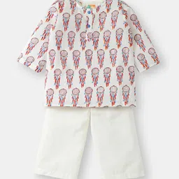 THE BABY LABEL Kids Red & White Hand-Block Dreamcatcher Printed Kurta Pajama Set-1