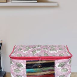 Kuber Industries 6 Pcs White & Pink Leafy Printed Non-Woven Foldable Saree Organizers-image-55