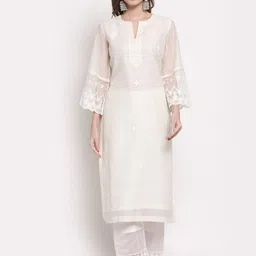 DART STUDIO Women White Thread Work Chanderi Silk Kurta-29