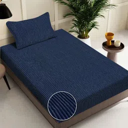 FABINALIV Navy Blue Striped 300 TC Single Bedsheet Set 2.20 m x 1.50 m-image-99