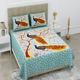 UNIQCHOICE Yellow Ethnic Motifs Pure Cotton 120 TC Queen Bedsheet With 2 Pillow Covers-image-132