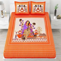 UNIQCHOICE Orange & White Ethnic Motifs Cotton 120 TC Queen Bedsheet with 2 Pillow Covers-image-79