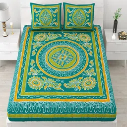 UNIQCHOICE Turquoise Blue Printed Pure Cotton120 TC Queen Bedsheet & 2 Pillow Covers-image-19