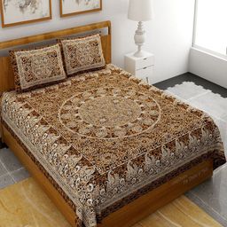 UNIQCHOICE Brown & Yellow Ethnic Motifs Pure Cotton 120 TC Queen Bedsheet & Pillow Covers-image-4
