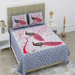 UNIQCHOICE Pink Ethnic Motifs Pure Cotton 120 TC Queen Bedsheet With 2 Pillow Covers-image-33