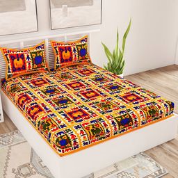 UNIQCHOICE Yellow & Blue Ethnic Motifs 120 TC Queen Bedsheet with 2 Pillow Covers-image-6
