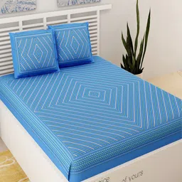 UNIQCHOICE Blue & White Geometric Pure Cotton 120 TC Queen Bedsheet With 2 Pillow Covers-image-13