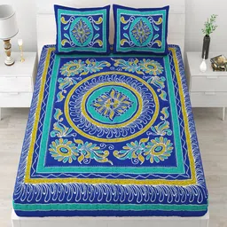 UNIQCHOICE Blue & White Ethnic Motifs Pure Cotton 120 TC Queen Bedsheet & 2 Pillow Covers-image-73