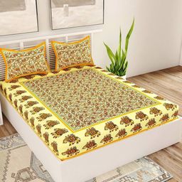 UNIQCHOICE Yellow Ethnic Motifs Pure Cotton 120 TC Queen Bedsheet With 2 Pillow Covers-image-100
