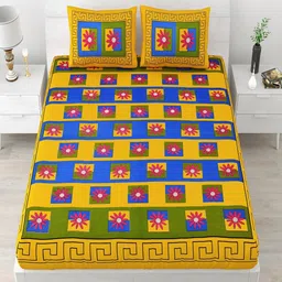 UNIQCHOICE Yellow & Blue Floral Cotton 120 TC Queen Bedsheet With 2 Pillow Covers-image-68