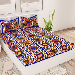 UNIQCHOICE Blue Ethnic Motifs Pure Cotton 120 TC Queen Bedsheet with 2 Pillow Covers-image-95