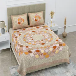 UNIQCHOICE Beige & White Ethnic Motifs Pure Cotton 120 TC Queen Bedsheet & 2 Pillow Covers-image-74