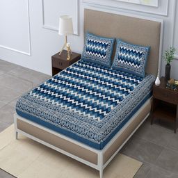 UNIQCHOICE Turquoise Blue Striped Pure Cotton 120 TC Queen Bedsheet With 2 Pillow Covers-image-101