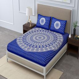 UNIQCHOICE Blue & White Ethnic Motifs Cotton 120 TC Queen Bedsheet with 2 Pillow Covers-image-31