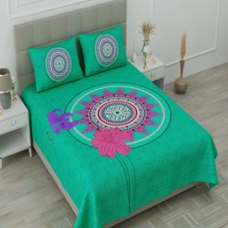 UNIQCHOICE Green & Pink Ethnic Motifs Cotton 120 TC Queen Bedsheet with 2 Pillow Covers-image-91