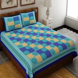 UNIQCHOICE Blue & Yellow Ethnic Motifs Pure Cotton 120 TC Queen Bedsheet & 2 Pillow Covers-image-96