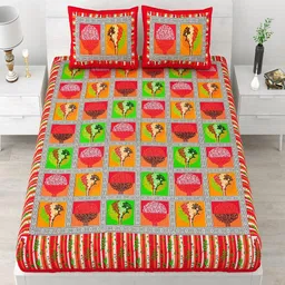 UNIQCHOICE Red & Green Floral Cotton 120 TC Queen Bedsheet With 2 Pillow Covers-image-98