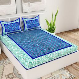 UNIQCHOICE Blue Ethnic Motifs Pure Cotton 120 TC Queen Bedsheet With 2 Pillow Covers-image-95
