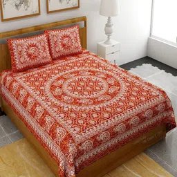 UNIQCHOICE Red & Orange Ethnic Motifs Pure Cotton 120 TC Queen Bedsheet & 2 Pillow Covers-5