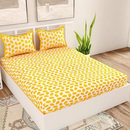 UNIQCHOICE Yellow & White Printed Pure Cotton 120 TC Queen Bedsheet with 2 Pillow Covers-image-103