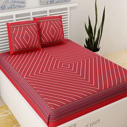 UNIQCHOICE Red & White Geometric Pyre Cotton 120 TC Queen Bedsheet With 2 Pillow Covers-picture-4