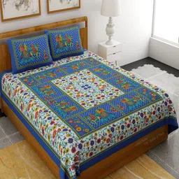 UNIQCHOICE Blue & White Ethnic Motifs Pure Cotton 120 TC Queen Bedsheet & 2 Pillow Covers-image-98