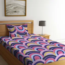 Arrabi Pink & Yellow Geometric 300 TC Single Bedsheet with 1 Pillow Cover-image-84