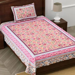 Urban Jaipur Peach & Pink Floral Cotton 186 TC Single Bedsheet with 1 Pillow Cover-image-4