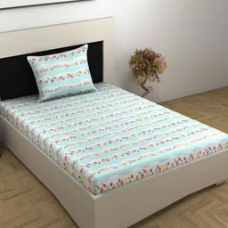 Divine Casa Turquoise Blue & Pink Floral 144 TC Single Bedsheet with 1 Pillow Covers-image-94