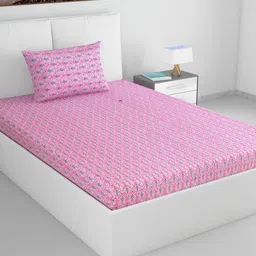 Divine Casa Pink & Green Floral 100% Cotton 144 TC Single Bedsheet Set-2.23m x 1.45 m-image-68