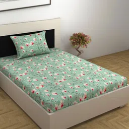 Divine Casa Sea Green & Pink Floral 144 TC Single Bedsheet with 1 Pillow Covers-picture-14