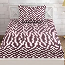 Furnistitchs Maroon & White Geometric 300 TC Single Bedsheet with 2 Pillow Covers-picture-16