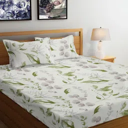 Arrabi Cream Coloured & Green Floral Printed 300 TC King Bedsheet with 2 Pillow Covers-55