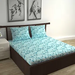 Divine Casa Turquoise Blue & White Floral 144 TC Queen Bedsheet with 2 Pillow Covers-image-70
