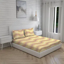 Layers Firenze Brown & Mustard Geometric Printed 140 TC King Bedsheet with 2 Pillow Covers-38