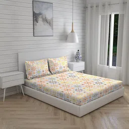 Layers Firenze White & Grey Ethnic Motifs 140 TC Cotton King Bedsheet with 2 Pillow Covers-52