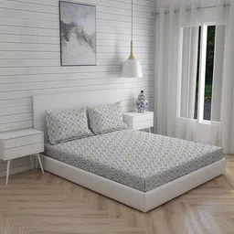 Layers Grey & White Ethnic Motifs Printed 140 TC King Bedsheet with 2 Pillow Covers-19