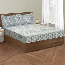 SWAYAM Ananda Blue Ethnic Motifs Cotton 200 TC Fitted King Bedsheet with 2 Pillow Covers-image-91