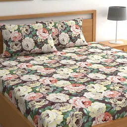 CHHAVI INDIA Brown & Green Floral Ultra Soft 210 TC King Bedsheet with 2 Pillow Covers-14