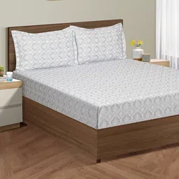 SWAYAM Zinnia Blue Ethnic Motifs Cotton 250 TC Fitted King Bedsheet with 2 Pillow Covers-image-77