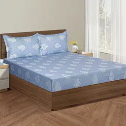 SWAYAM Blue & White Ethnic Motifs Cotton Fitted 250 TC King Bedsheet With 2 Pillow Covers-image-94