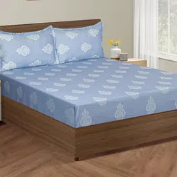 SWAYAM Zinnia Blue & White Ethnic Motifs Cotton 250 TC King Bedsheet With 2 Pillow Covers-image-71