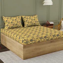 Himeya Gold-Toned & Black Floral Cotton 300 TC King Bedsheet With 2 Pillow Covers-image-8