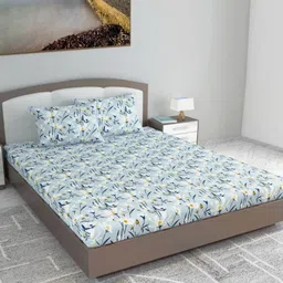 Divine Casa Blue & Yellow Floral 144 TC King Bedsheet with 2 Pillow Covers-image-74